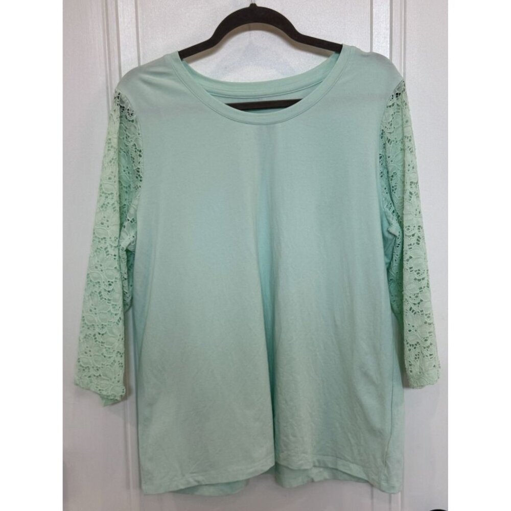 Denim & Co. Mint Green Top w/ Lace 3/4 Length Sleeves Large Casual GUC